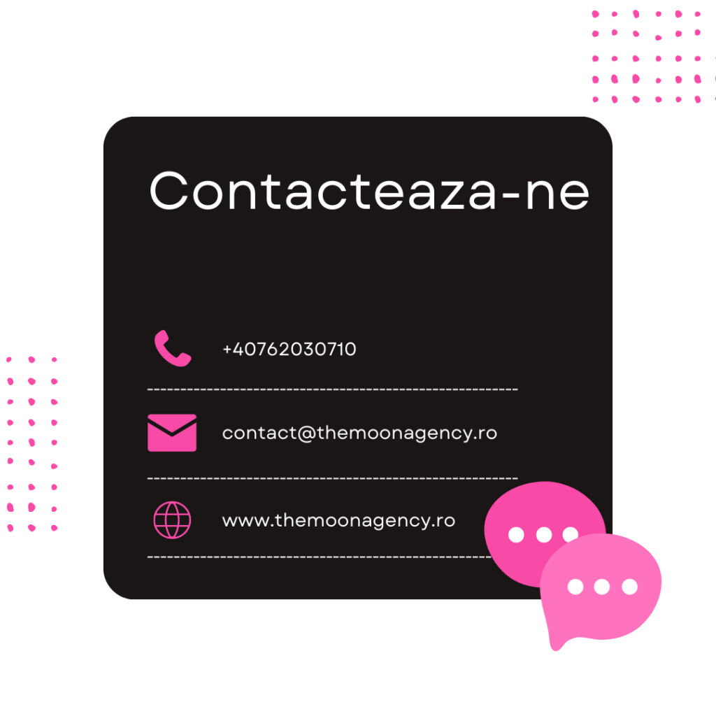 Text 'Contacteaza-ne' cu informațiile de contact ale The MOON Agency pe un fundal transparent, folosind culorile #F84BA8, #1B1616, #FFFFFF și #FF72BE.